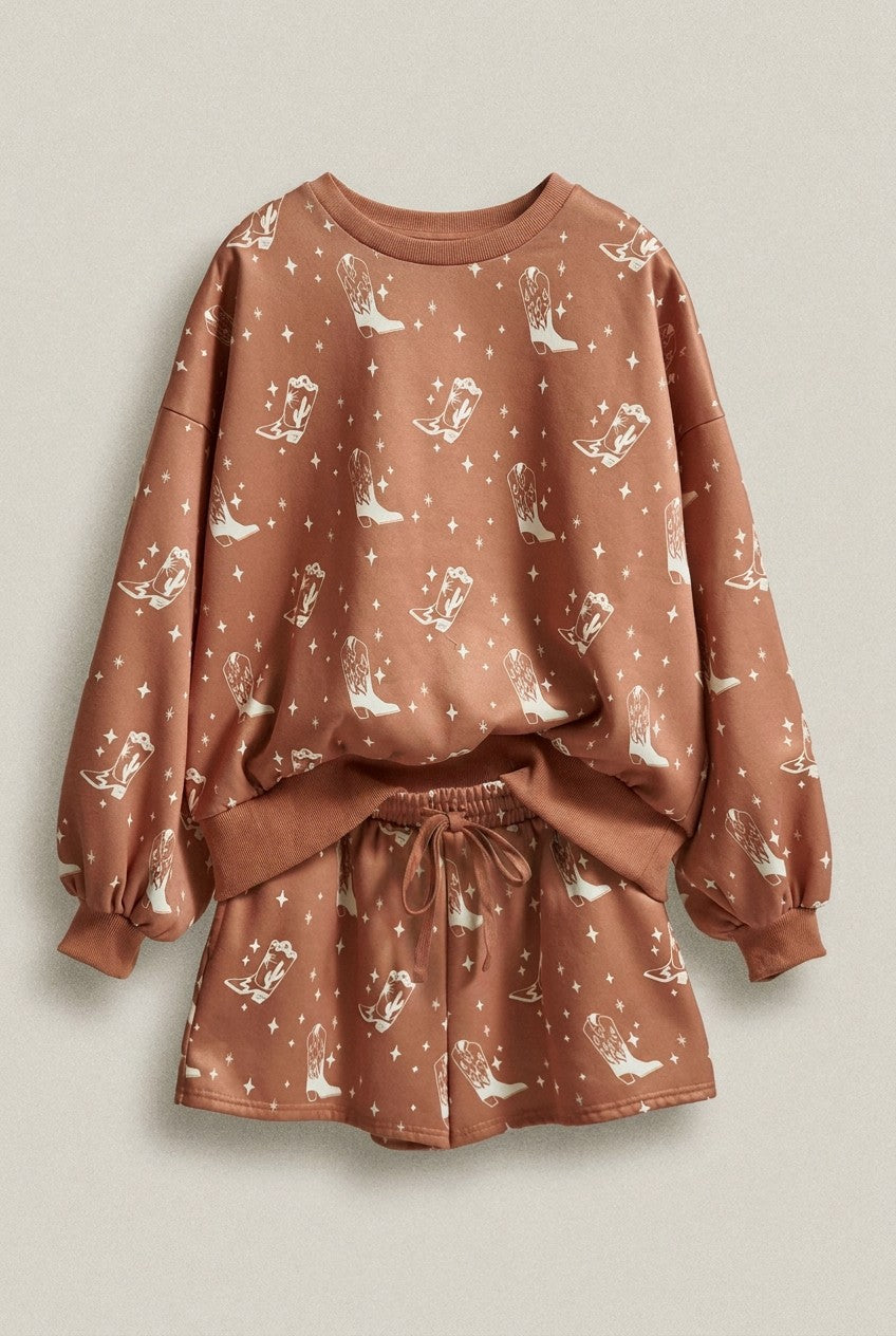 Western Cowboy Print Sweatshirt and Shorts Set in Rust - Women's Wholesale Sets | Trend Notes