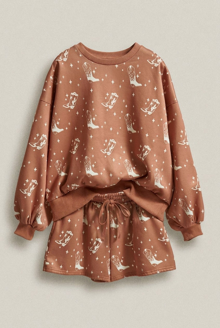 Western Cowboy Print Sweatshirt and Shorts Set in Rust - Women's Wholesale Sets | Trend Notes