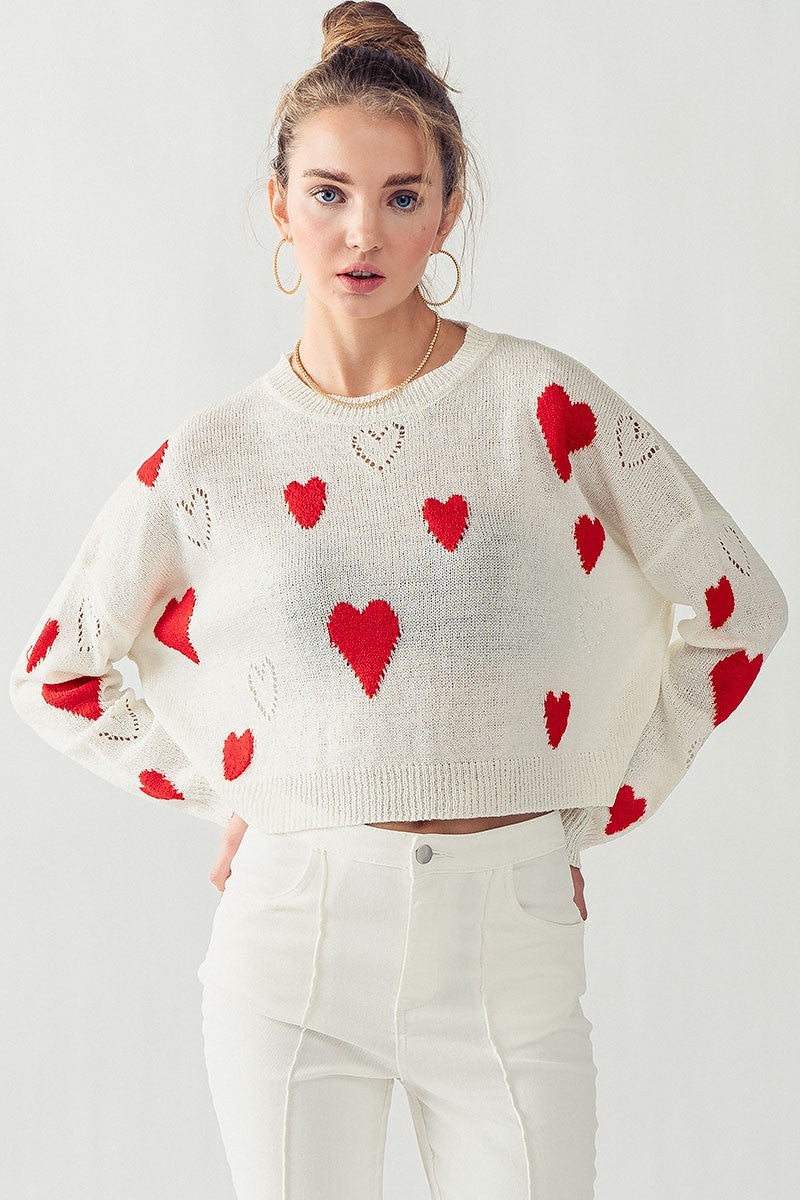 HEART SHAPE RIB KNIT SWEATER in Ivory/red - Women's Wholesale Sweaters | Trend Notes