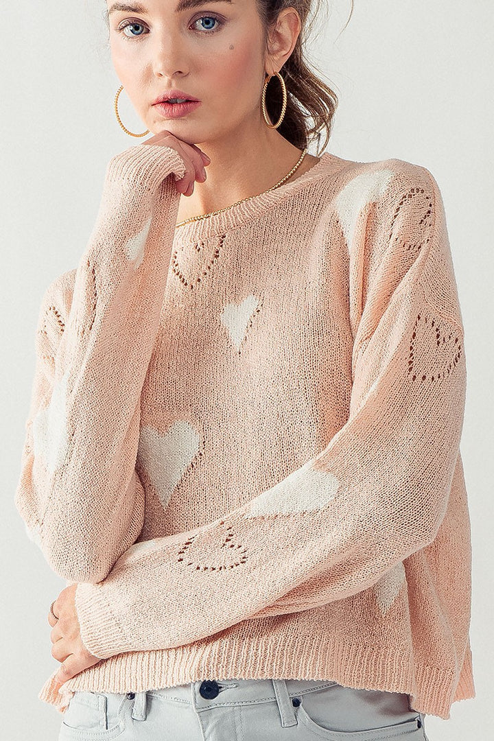 HEART SHAPE RIB KNIT SWEATER in Pink/ivory - Women's Wholesale Sweaters | Trend Notes