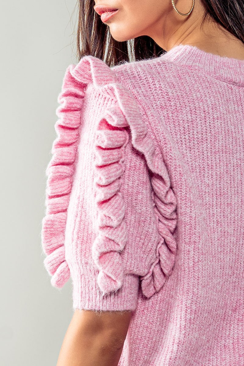 Ruffle Sleeve Knit Boho Top for Casual Style in Pink - Women's Wholesale Sweaters | Trend Notes
