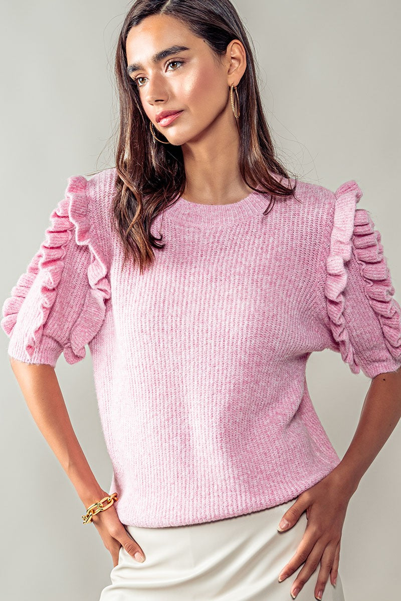 Ruffle Sleeve Knit Boho Top for Casual Style in Pink - Women's Wholesale Sweaters | Trend Notes