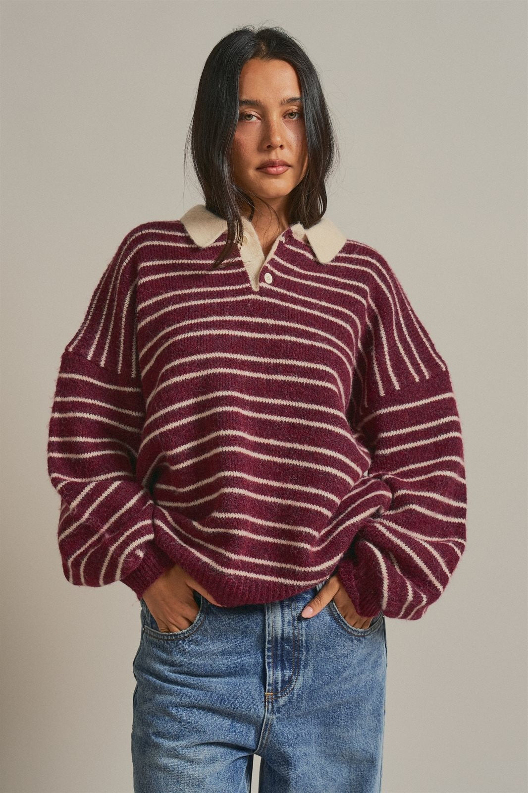 Striped Rugby Polo Sweater with Contrast Collar Wool Blend in Burgundy - Women's Wholesale Sweaters | Trend Notes
