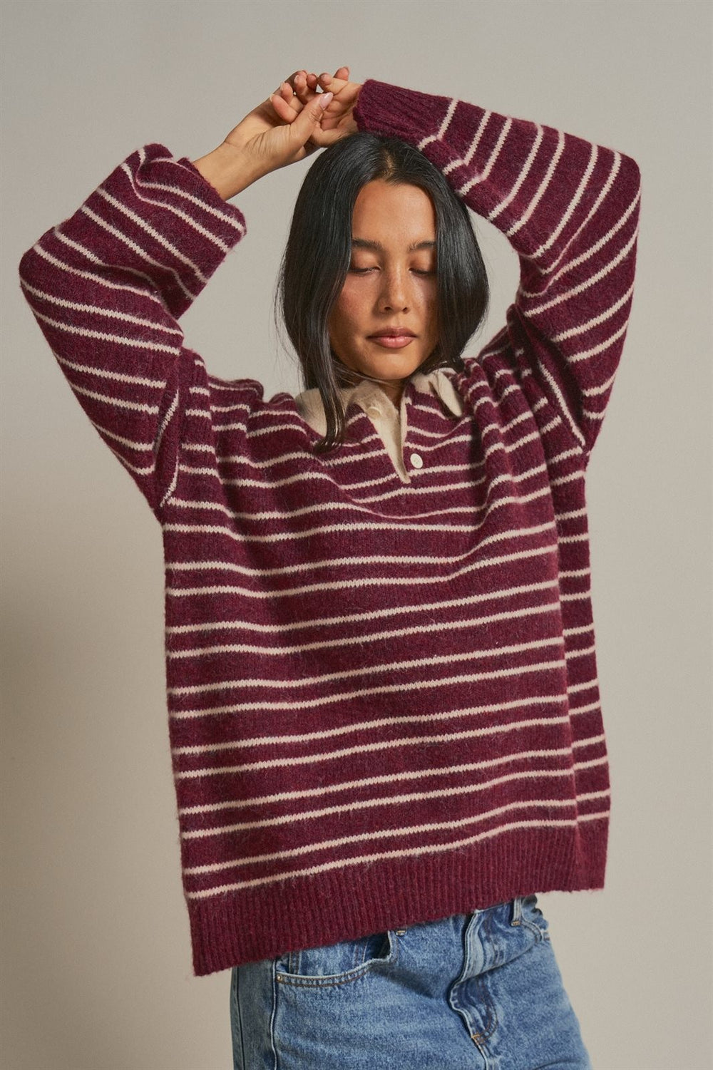 Striped Rugby Polo Sweater with Contrast Collar Wool Blend in Burgundy - Women's Wholesale Sweaters | Trend Notes