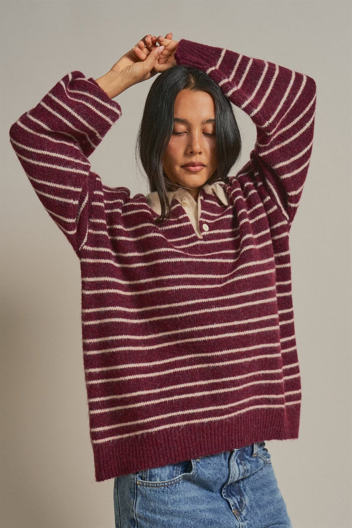 Striped Rugby Polo Sweater with Contrast Collar Wool Blend in Burgundy - Women's Wholesale Sweaters | Trend Notes