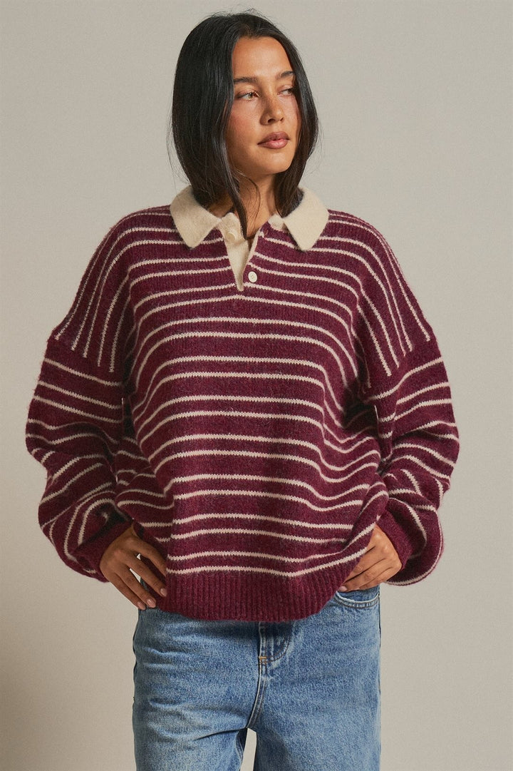 Striped Rugby Polo Sweater with Contrast Collar Wool Blend in Burgundy - Women's Wholesale Sweaters | Trend Notes