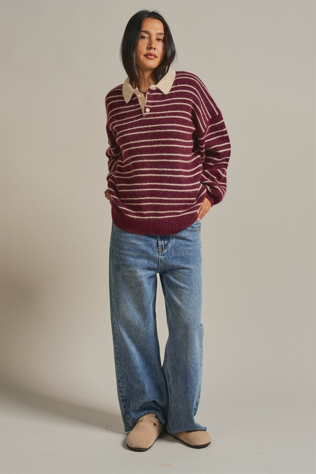 Striped Rugby Polo Sweater with Contrast Collar Wool Blend in Burgundy - Women's Wholesale Sweaters | Trend Notes