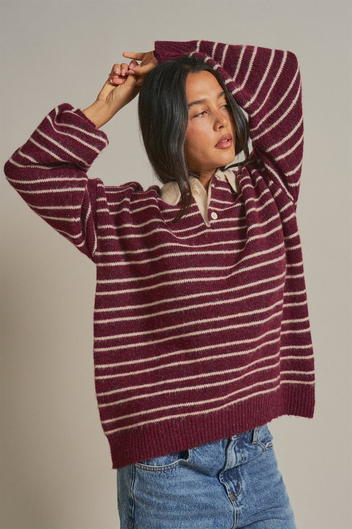 Striped Rugby Polo Sweater with Contrast Collar Wool Blend in Burgundy - Women's Wholesale Sweaters | Trend Notes