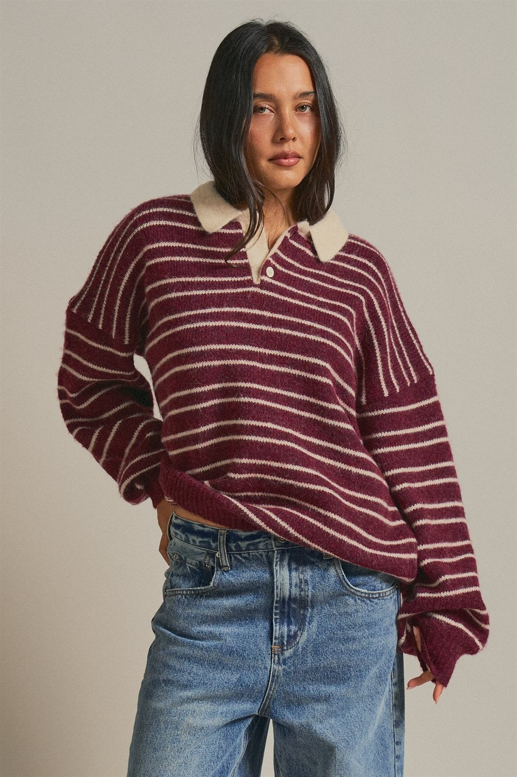 Striped Rugby Polo Sweater with Contrast Collar Wool Blend in Burgundy - Women's Wholesale Sweaters | Trend Notes