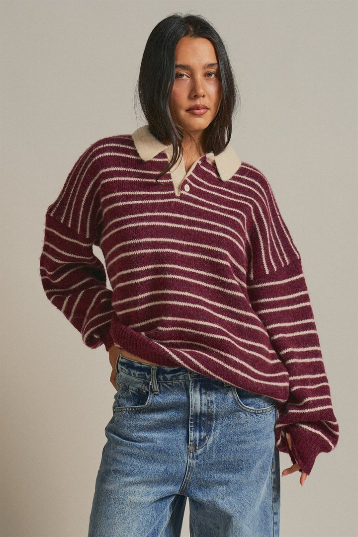 Striped Rugby Polo Sweater with Contrast Collar Wool Blend in Burgundy - Women's Wholesale Sweaters | Trend Notes