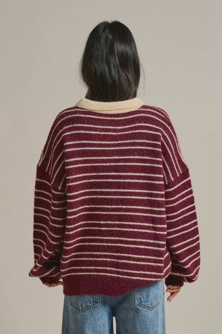 Striped Rugby Polo Sweater with Contrast Collar Wool Blend in Burgundy - Women's Wholesale Sweaters | Trend Notes