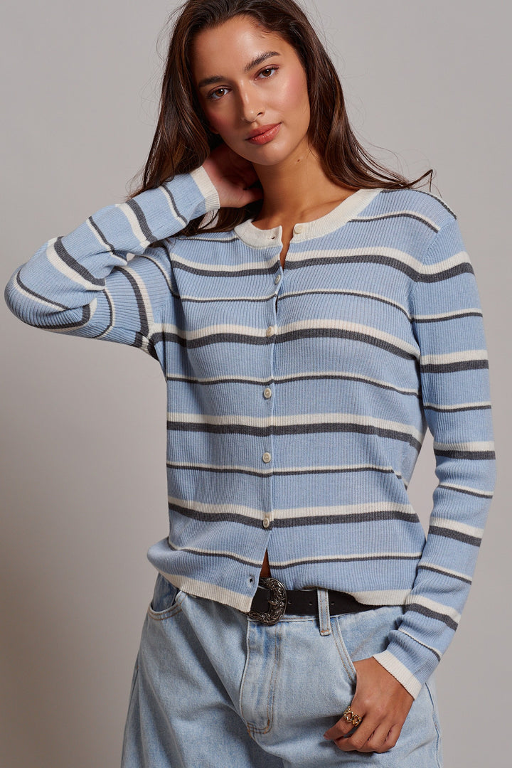 Boyfriend Stripe Cardigan in Blue - Women's Wholesale Sweaters | Trend Notes