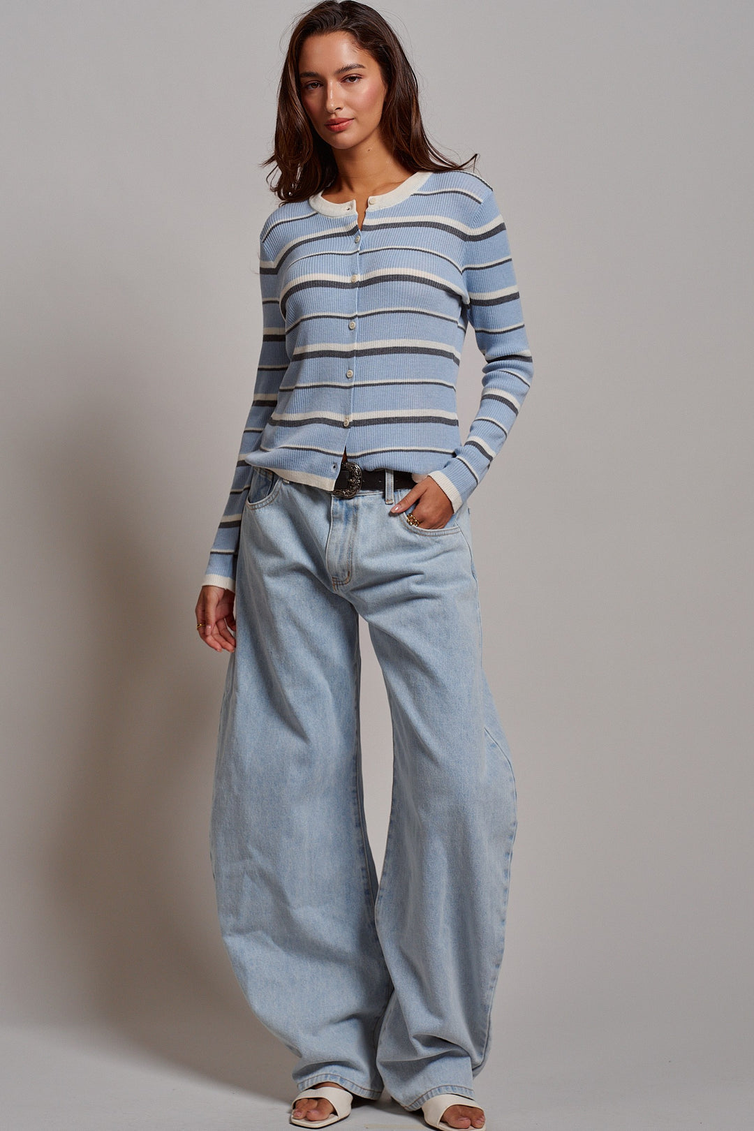 Boyfriend Stripe Cardigan in Blue - Women's Wholesale Sweaters | Trend Notes
