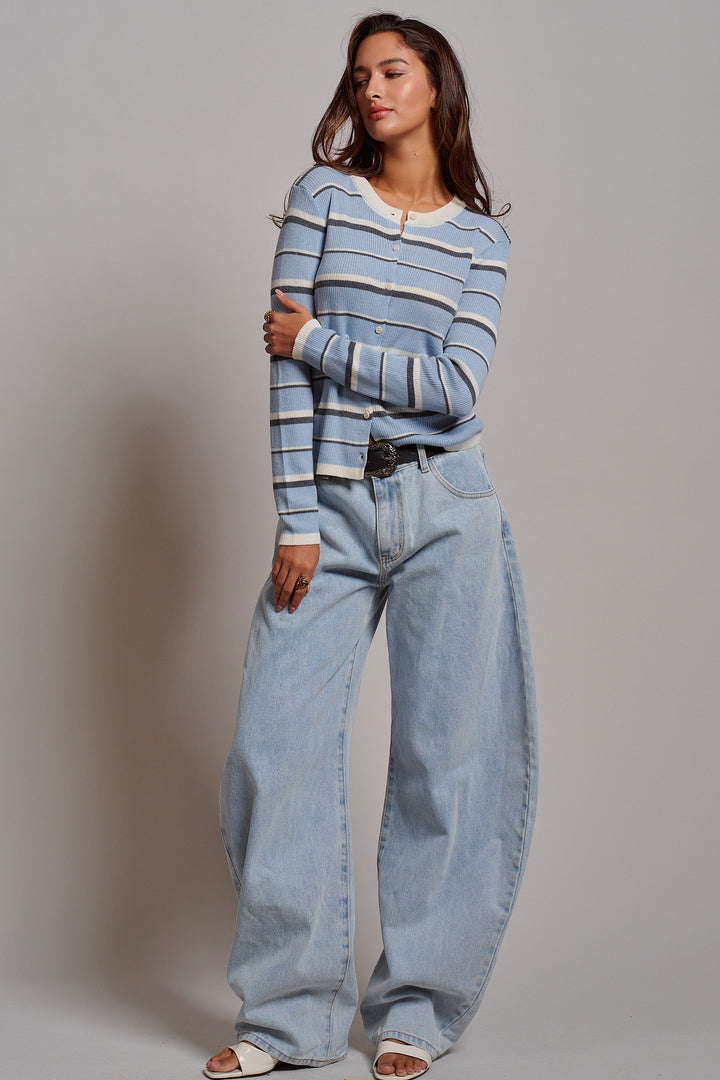 Boyfriend Stripe Cardigan in Blue - Women's Wholesale Sweaters | Trend Notes
