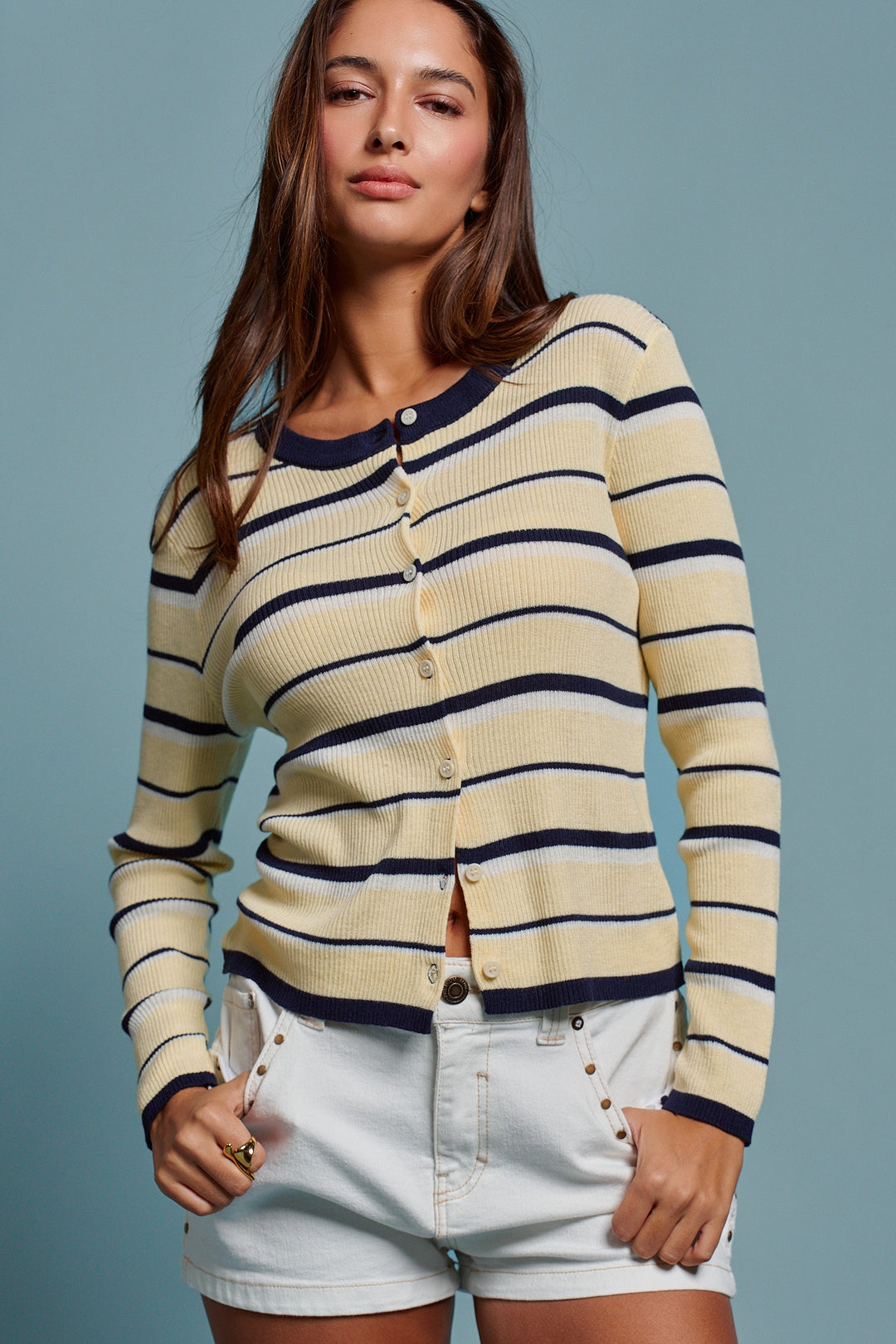 Boyfriend Stripe Cardigan in Yellow - Women's Wholesale Sweaters | Trend Notes