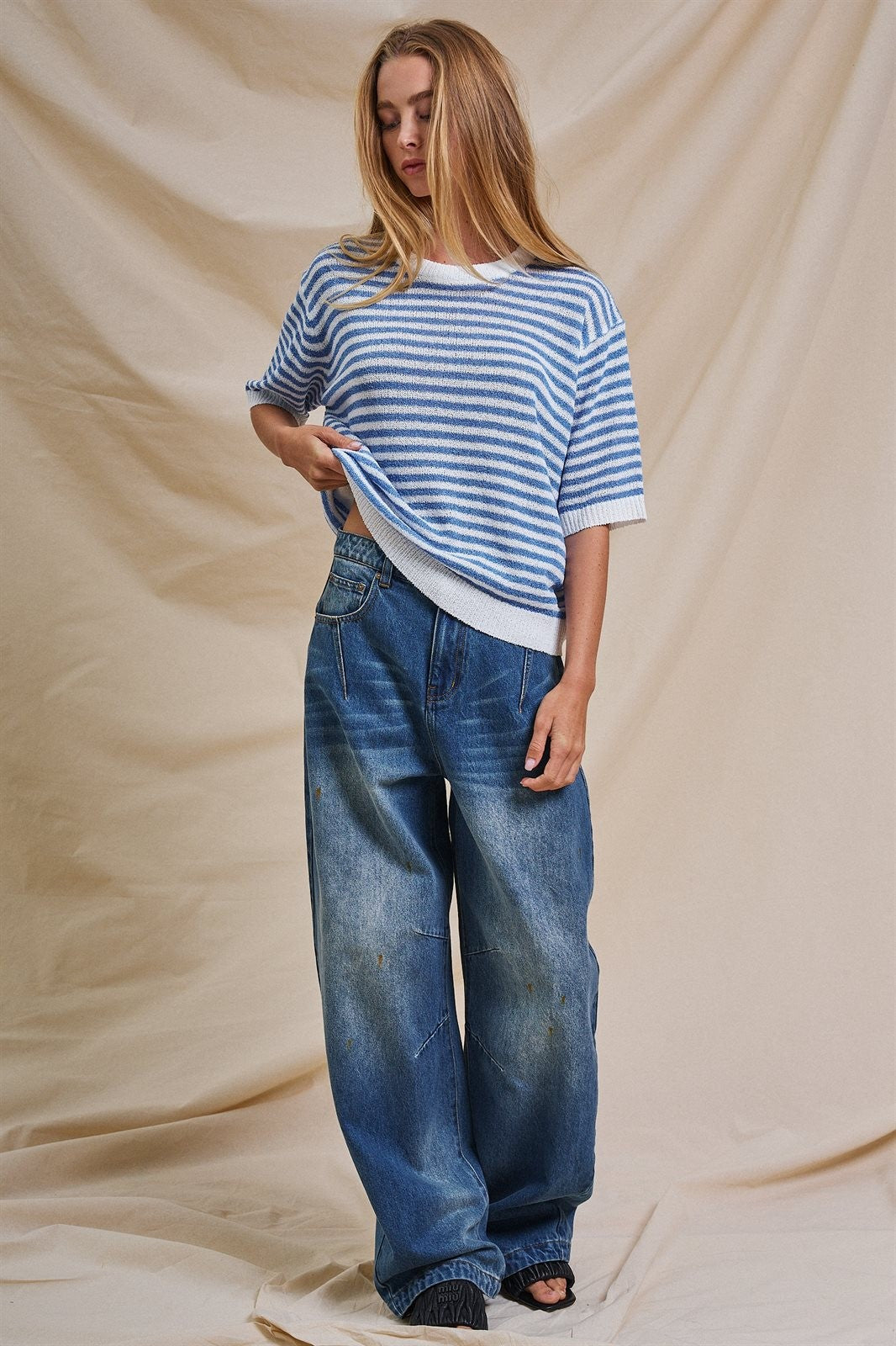 Bright Side Soft Bouclé Stripe Knit Top in Blue White - Women's Wholesale Sweaters | Trend Notes