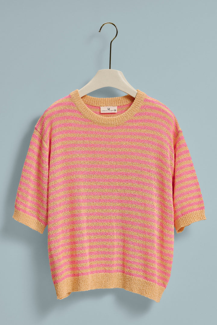 Bright Side Soft Bouclé Stripe Knit Top in Pink Orange - Women's Wholesale Sweaters | Trend Notes