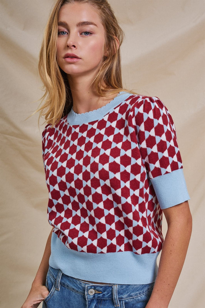 Vintage Diamond Contrast Knit Short Sleeve Sweater in Burgundy - Women's Wholesale Sweaters | Trend Notes
