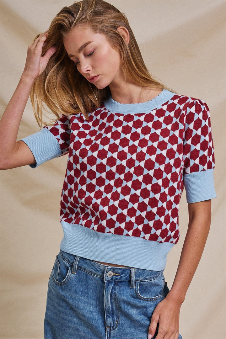 Vintage Diamond Contrast Knit Short Sleeve Sweater in Burgundy - Women's Wholesale Sweaters | Trend Notes