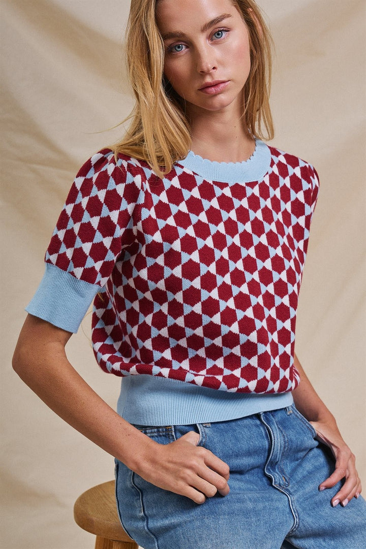 Vintage Diamond Contrast Knit Short Sleeve Sweater in Burgundy - Women's Wholesale Sweaters | Trend Notes