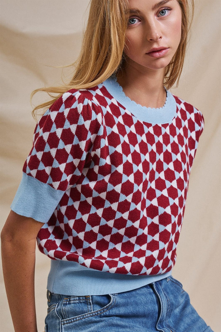 Vintage Diamond Contrast Knit Short Sleeve Sweater in Burgundy - Women's Wholesale Sweaters | Trend Notes