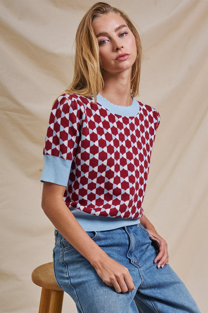 Vintage Diamond Contrast Knit Short Sleeve Sweater in Burgundy - Women's Wholesale Sweaters | Trend Notes