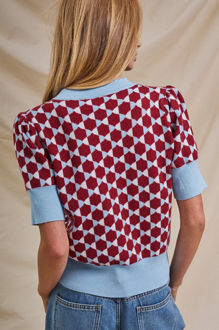 Vintage Diamond Contrast Knit Short Sleeve Sweater in Burgundy - Women's Wholesale Sweaters | Trend Notes