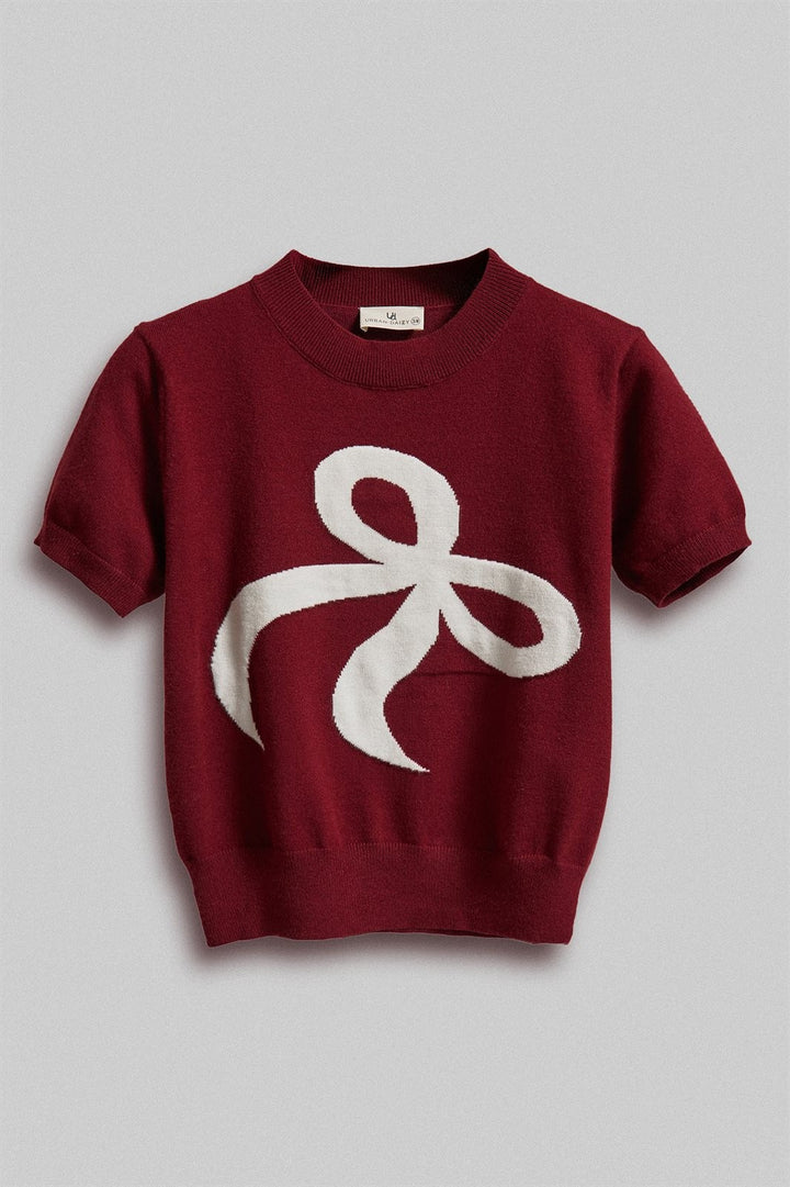 Bow Intarsia Short Sleeve Sweater Knit Tee in Burgundy - Women's Wholesale Sweaters | Trend Notes