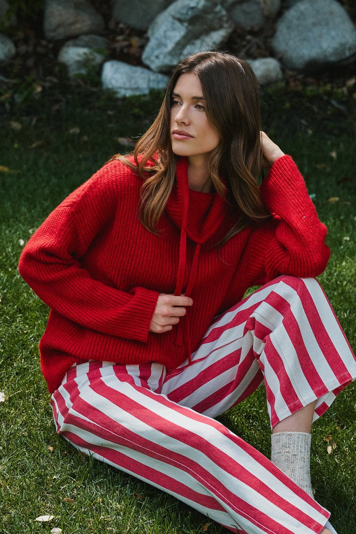 Chunky Cowl Neck Drawstring Pullover Sweater in Red - Women's Wholesale Sweaters | Trend Notes
