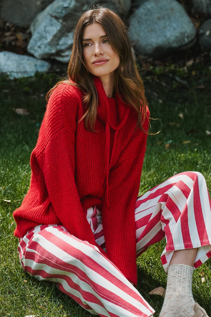 Chunky Cowl Neck Drawstring Pullover Sweater in Red - Women's Wholesale Sweaters | Trend Notes