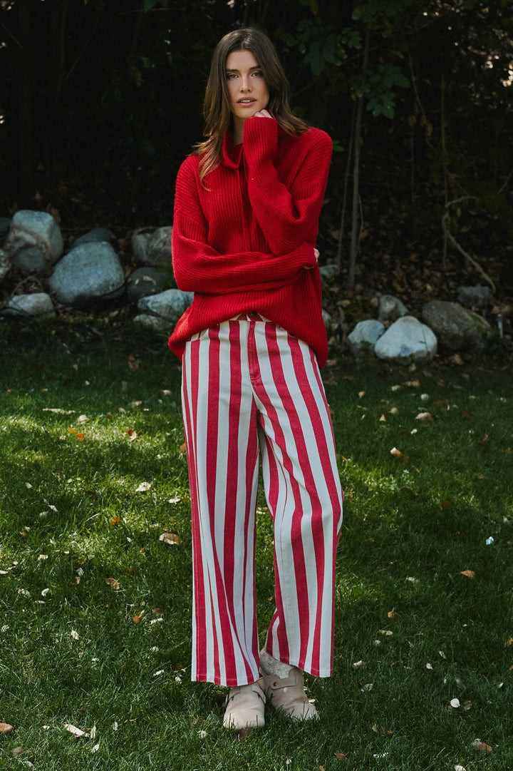 Chunky Cowl Neck Drawstring Pullover Sweater in Red - Women's Wholesale Sweaters | Trend Notes