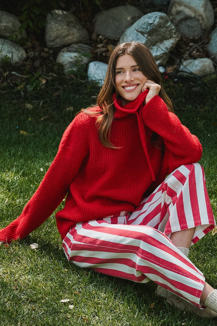 Chunky Cowl Neck Drawstring Pullover Sweater in Red - Women's Wholesale Sweaters | Trend Notes