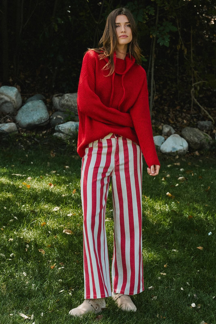 Chunky Cowl Neck Drawstring Pullover Sweater in Red - Women's Wholesale Sweaters | Trend Notes