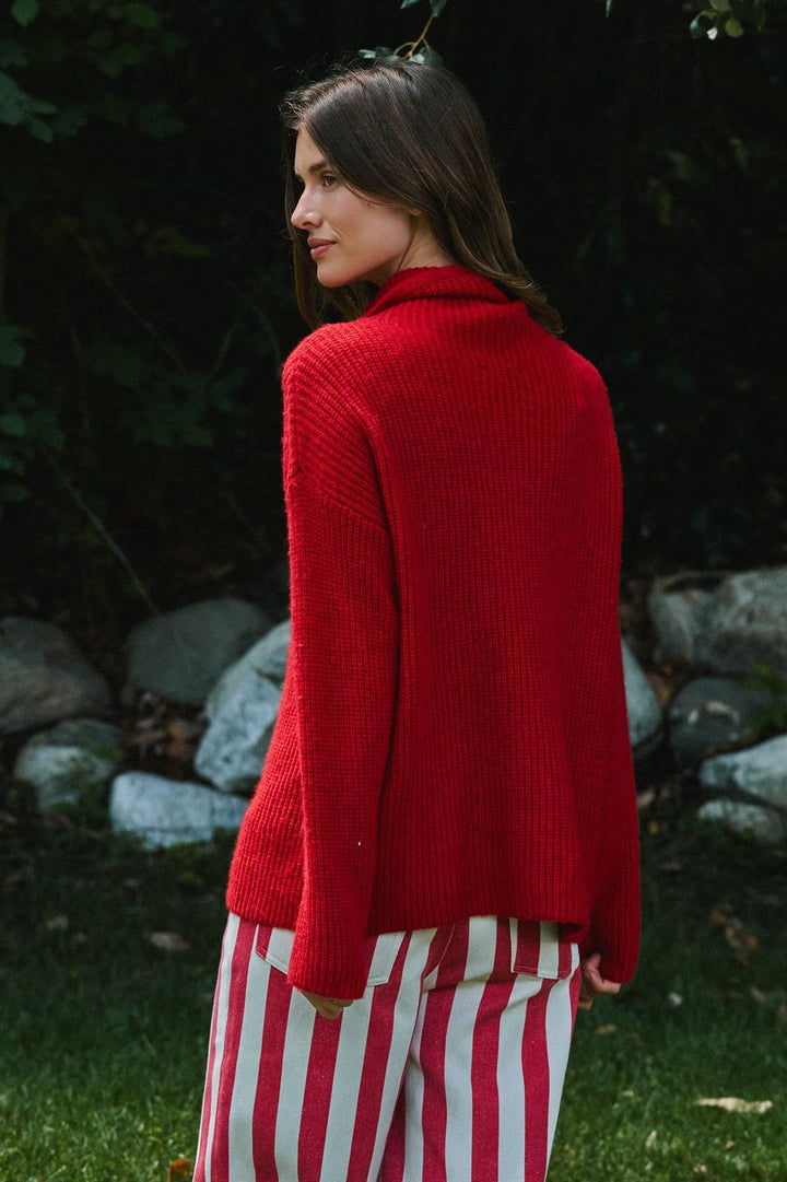 Chunky Cowl Neck Drawstring Pullover Sweater in Red - Women's Wholesale Sweaters | Trend Notes