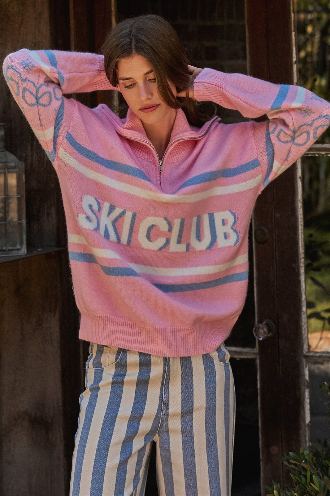 Ski Club Striped Quarter Zip Pullover Sweater in Pink - Women's Wholesale Sweaters | Trend Notes