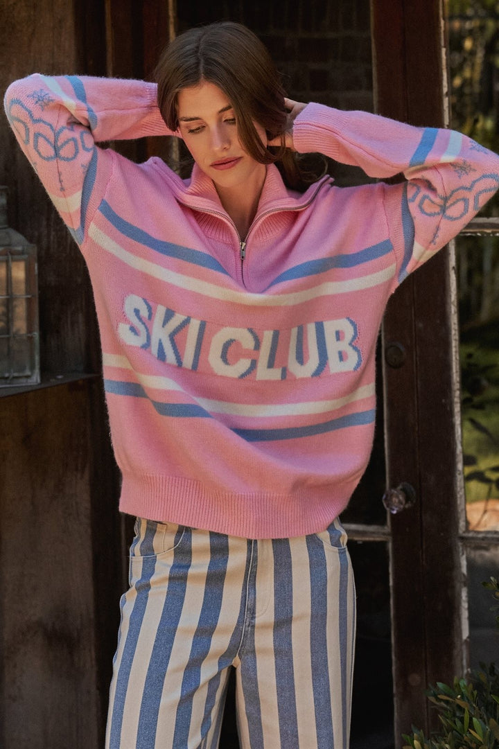 Ski Club Striped Quarter Zip Pullover Sweater in Pink - Women's Wholesale Sweaters | Trend Notes