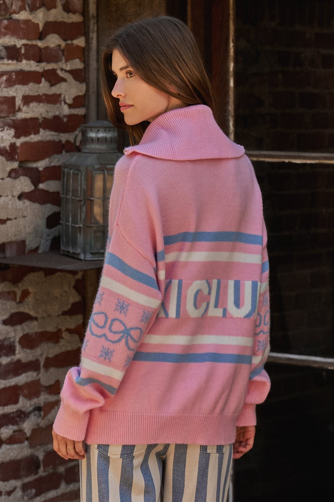 Ski Club Striped Quarter Zip Pullover Sweater in Pink - Women's Wholesale Sweaters | Trend Notes
