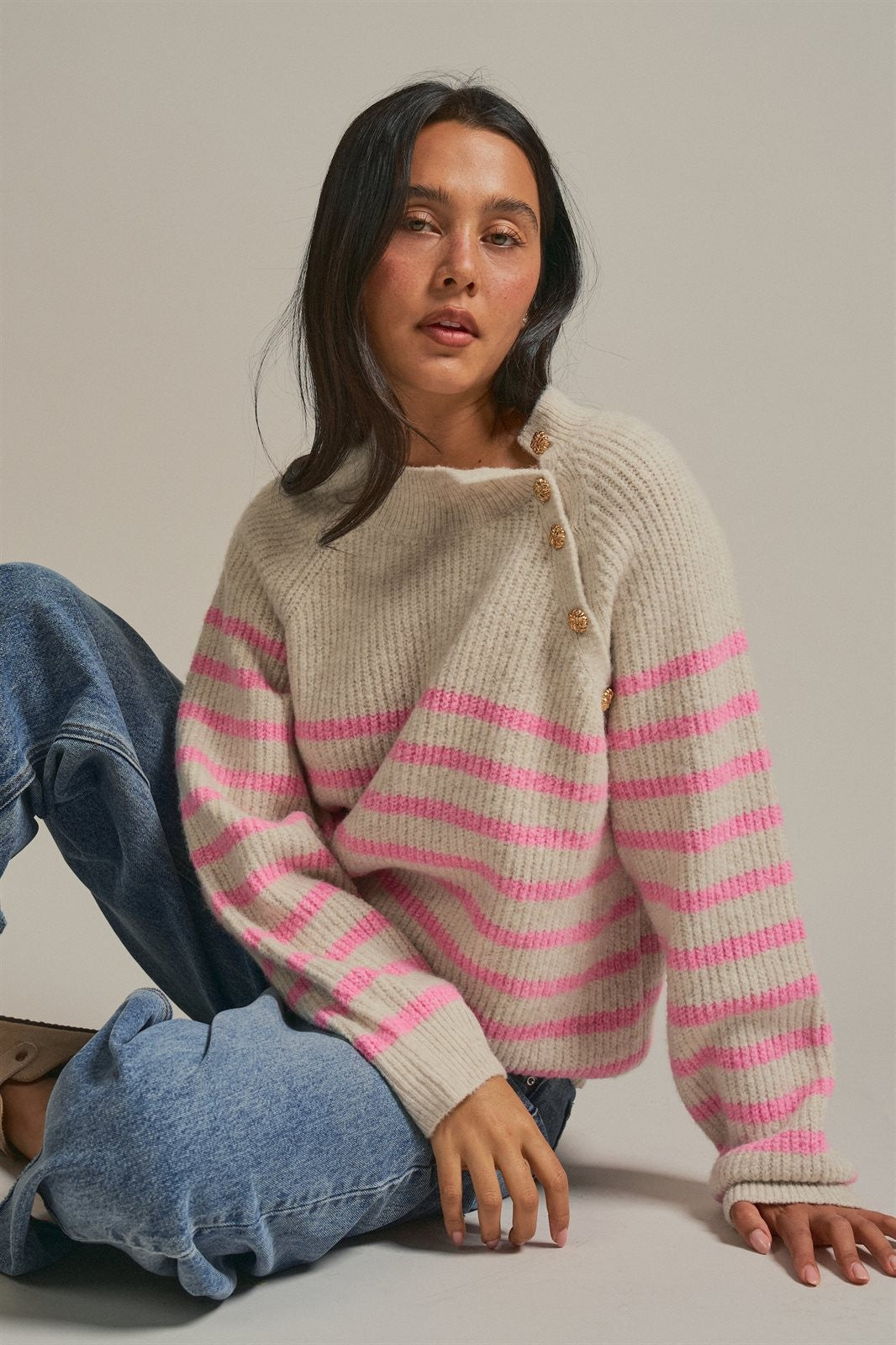 Striped Mock Neck Sweater with Gold Button Shoulder in Pink Beige - Women's Wholesale Sweaters | Trend Notes