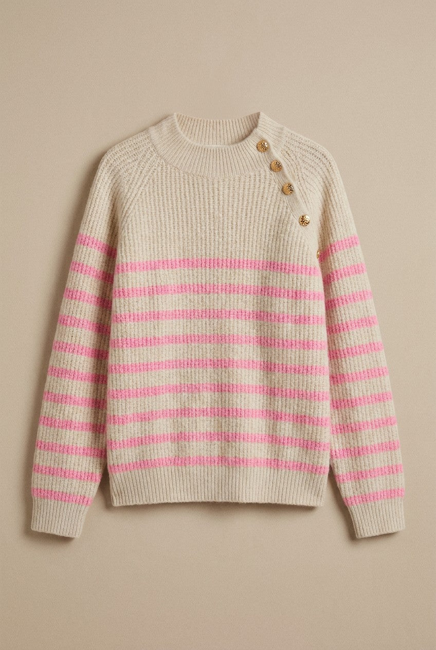 Striped Mock Neck Sweater with Gold Button Shoulder in Pink Beige - Women's Wholesale Sweaters | Trend Notes