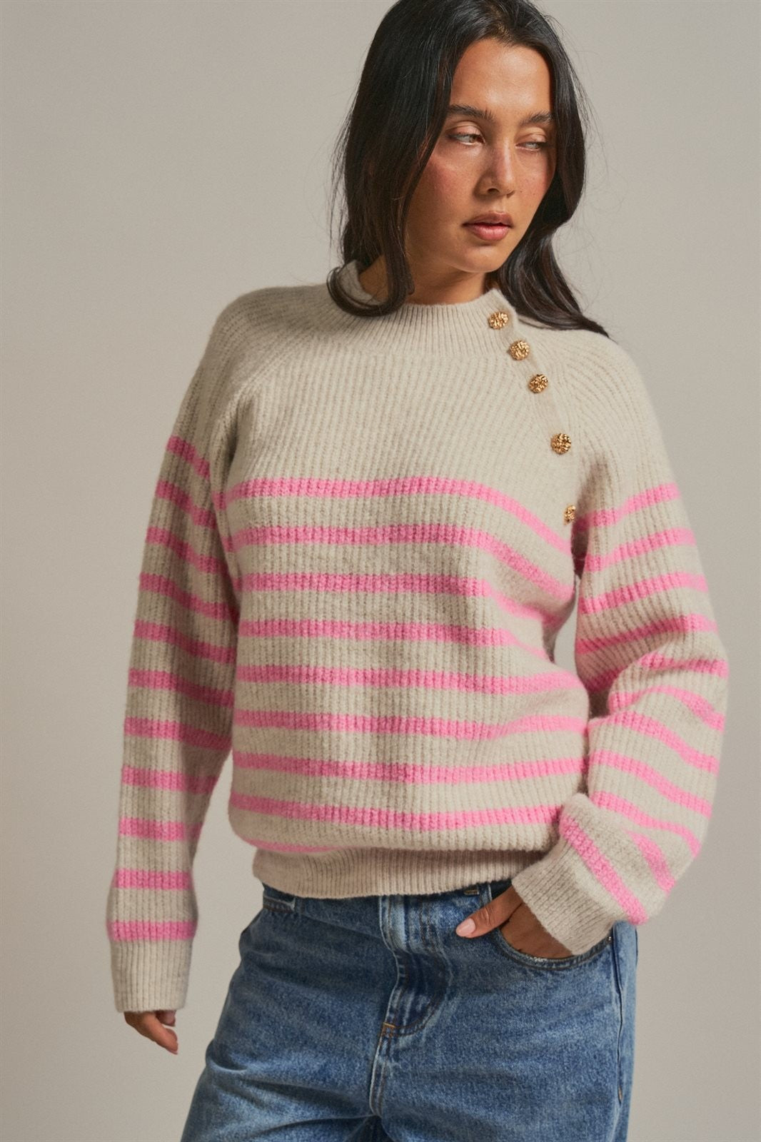 Striped Mock Neck Sweater with Gold Button Shoulder in Pink Beige - Women's Wholesale Sweaters | Trend Notes
