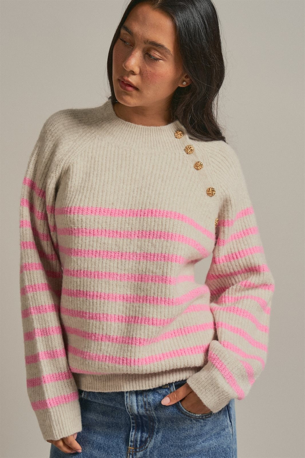 Striped Mock Neck Sweater with Gold Button Shoulder in Pink Beige - Women's Wholesale Sweaters | Trend Notes