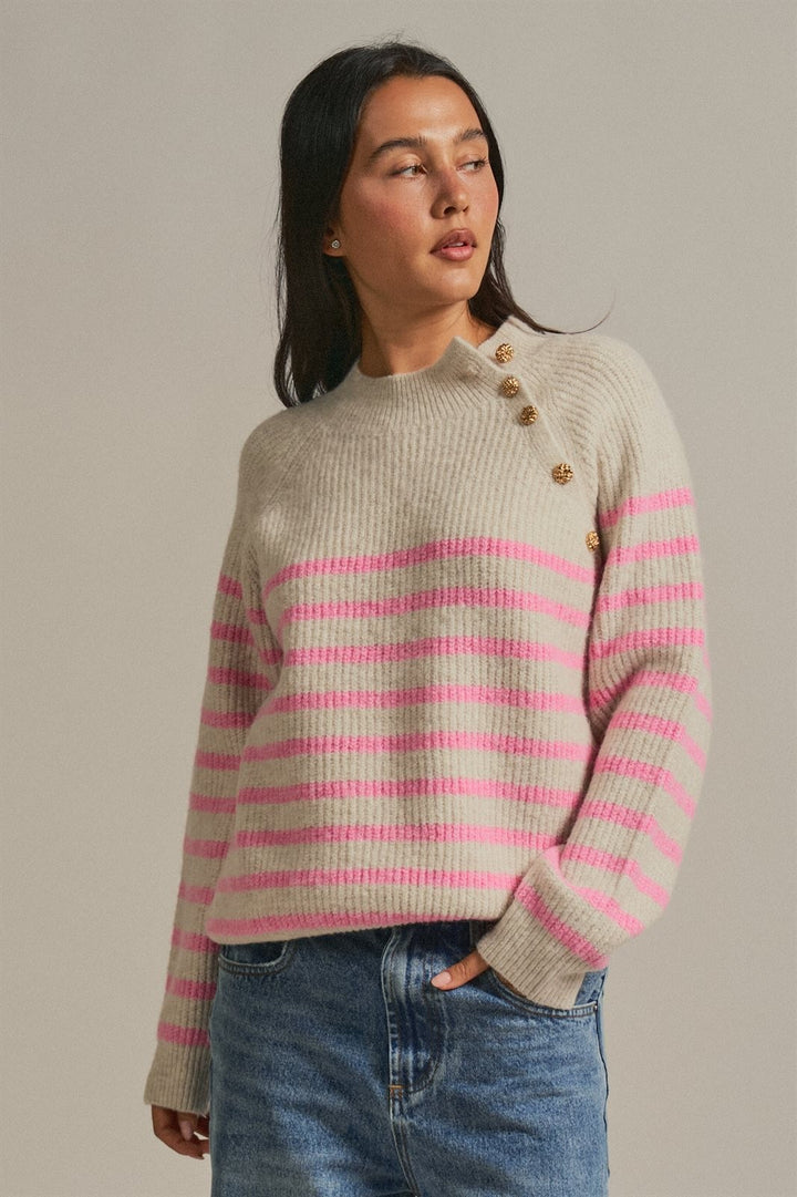 Striped Mock Neck Sweater with Gold Button Shoulder in Pink Beige - Women's Wholesale Sweaters | Trend Notes