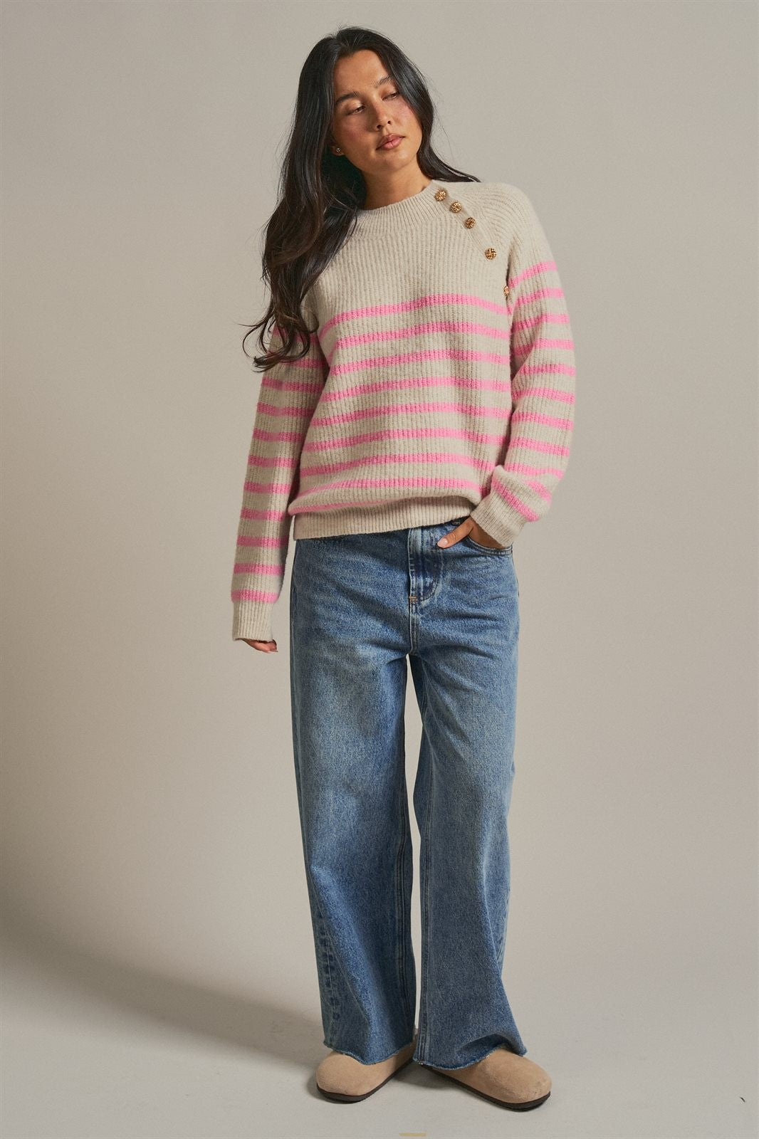 Striped Mock Neck Sweater with Gold Button Shoulder in Pink Beige - Women's Wholesale Sweaters | Trend Notes