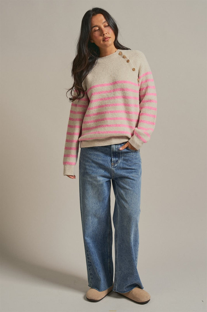 Striped Mock Neck Sweater with Gold Button Shoulder in Pink Beige - Women's Wholesale Sweaters | Trend Notes