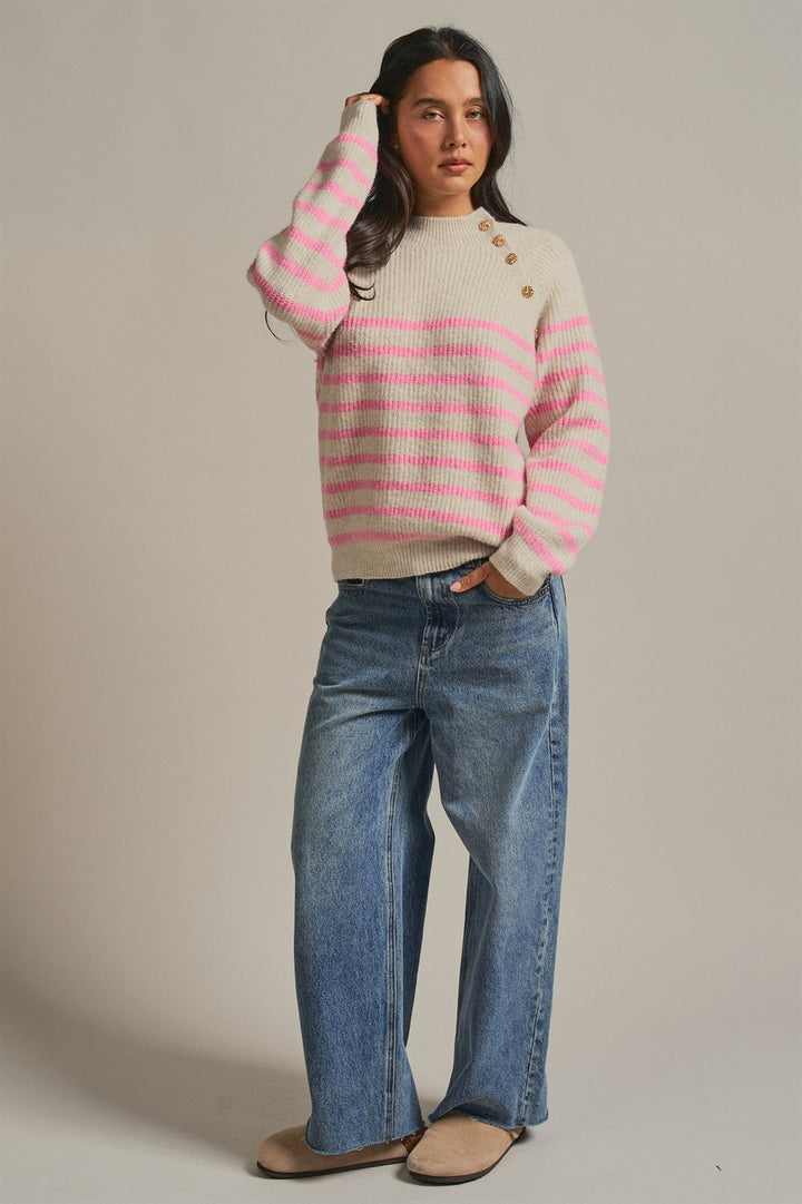 Striped Mock Neck Sweater with Gold Button Shoulder in Pink Beige - Women's Wholesale Sweaters | Trend Notes