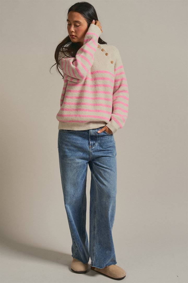Striped Mock Neck Sweater with Gold Button Shoulder in Pink Beige - Women's Wholesale Sweaters | Trend Notes