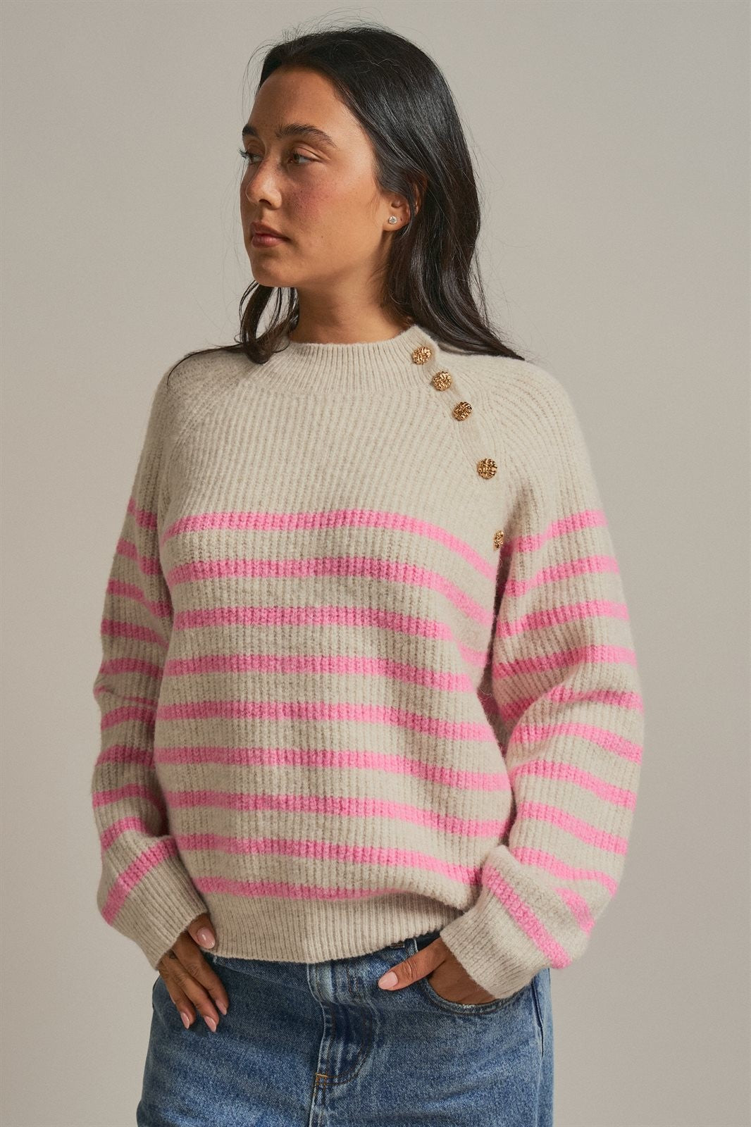 Striped Mock Neck Sweater with Gold Button Shoulder in Pink Beige - Women's Wholesale Sweaters | Trend Notes