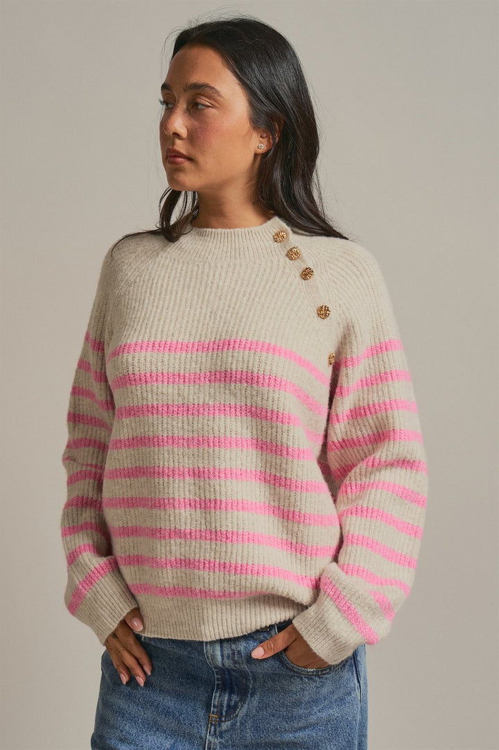Striped Mock Neck Sweater with Gold Button Shoulder in Pink Beige - Women's Wholesale Sweaters | Trend Notes
