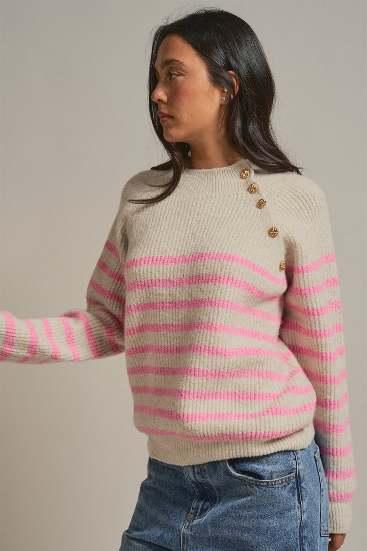 Striped Mock Neck Sweater with Gold Button Shoulder in Pink Beige - Women's Wholesale Sweaters | Trend Notes