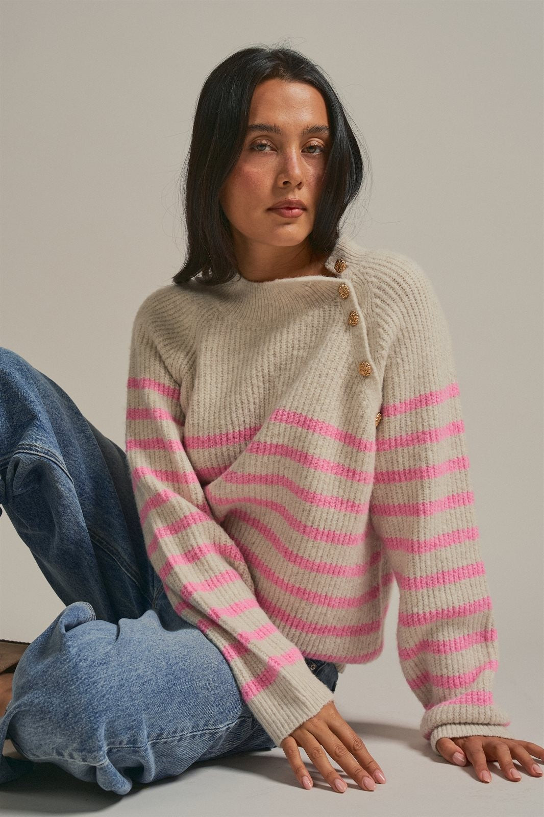 Striped Mock Neck Sweater with Gold Button Shoulder in Pink Beige - Women's Wholesale Sweaters | Trend Notes